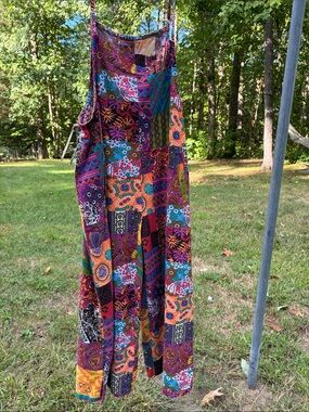 Boho Patchwork Overalls Loose Wide Leg Jumpsuit XL 100% cotton